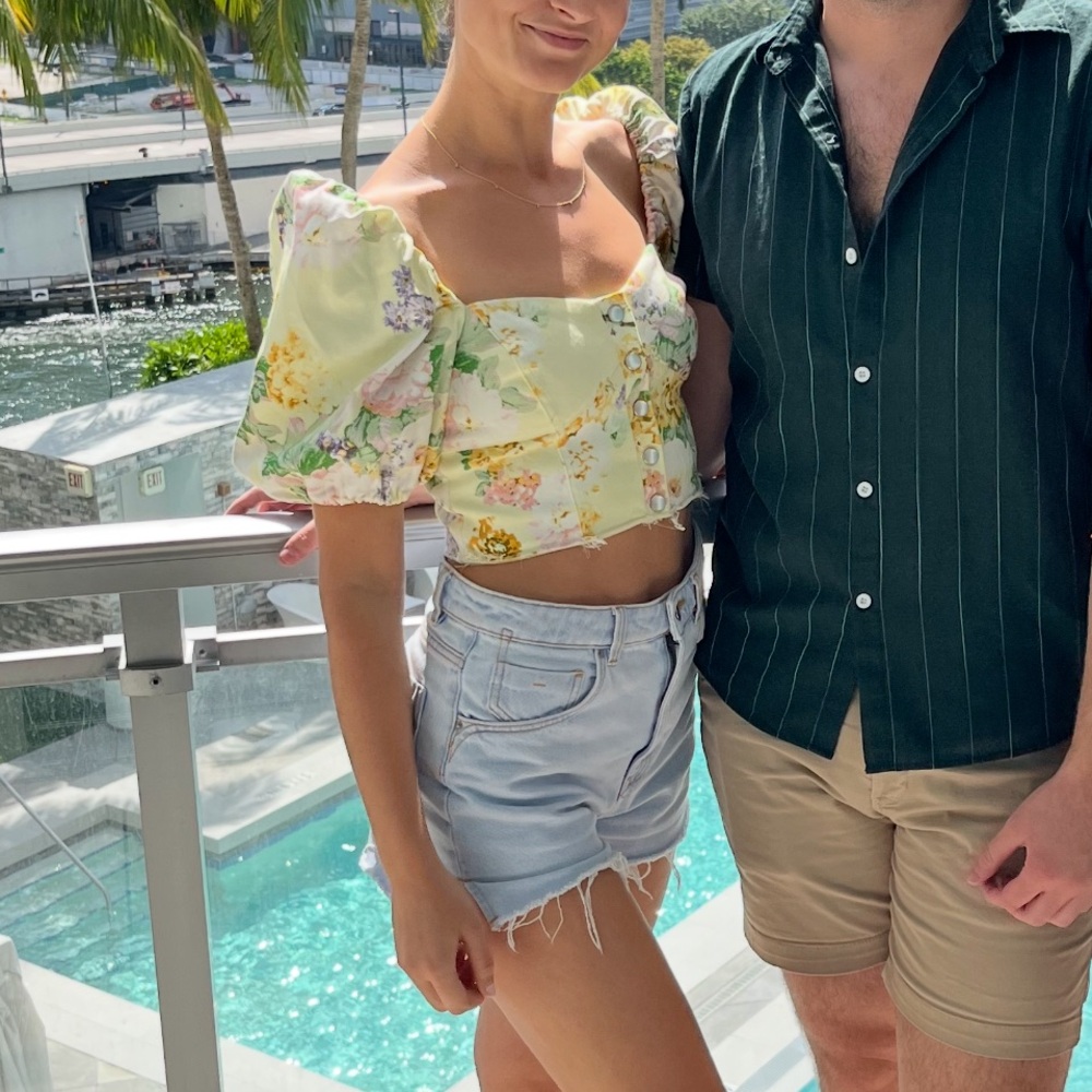 For Love & Lemons Pastel Yellow Floral Puff Sleeve Cropped Top